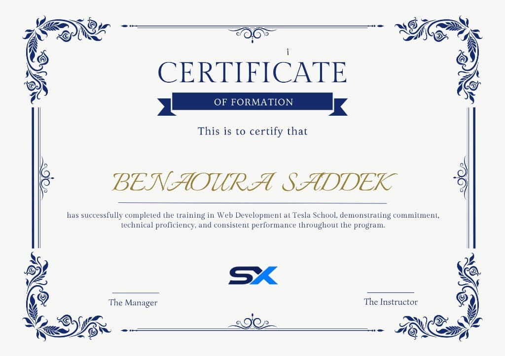 Certificate of Formation - Web Development at Tesla School